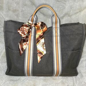 HERMÈS FOURRE TOUT MM HANDBAG/TOTE GREY/ORANGE/CREAM CANVAS W/PALLADIUM HRDWR
